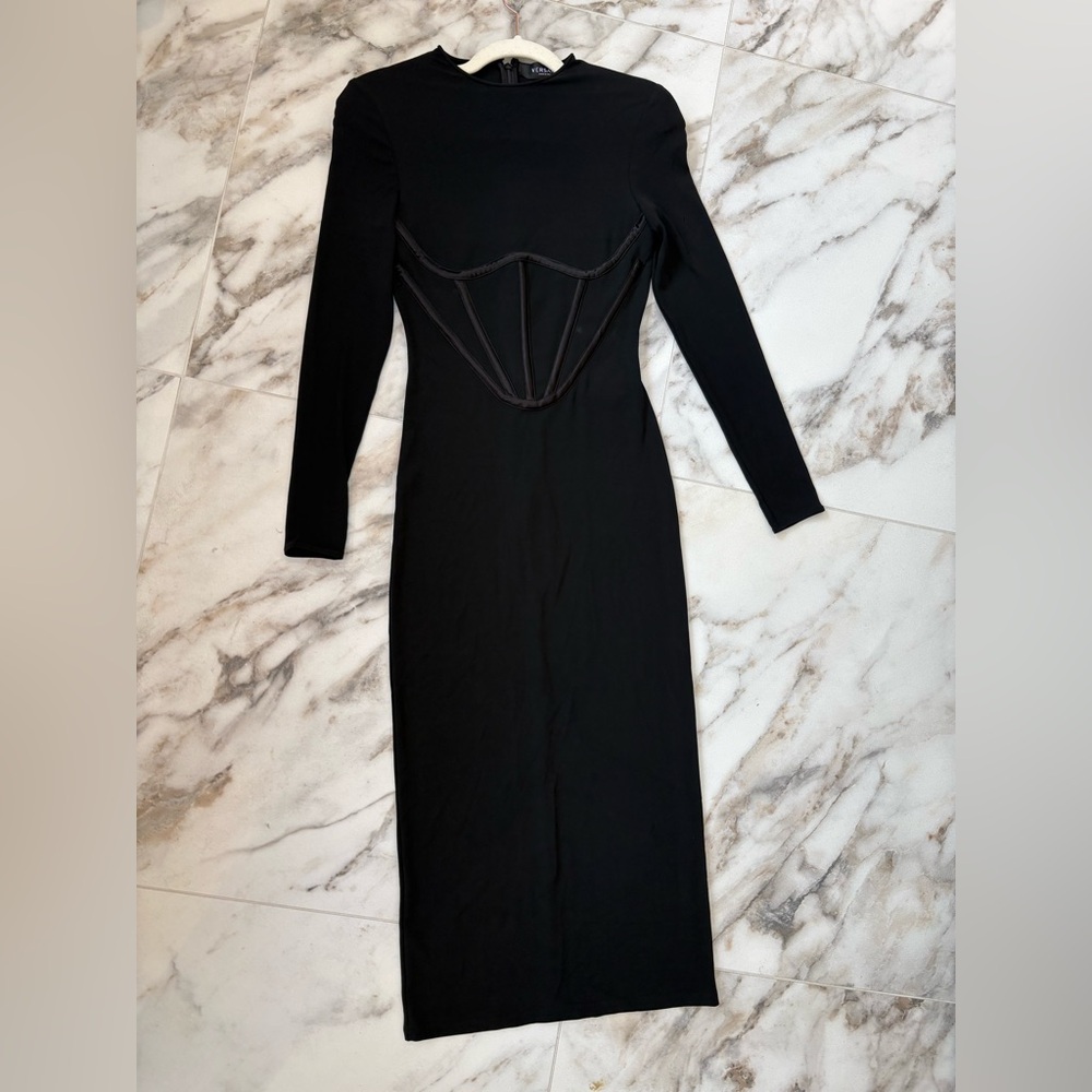 Versace Black Corset Waist Long Sleeve Bodycon Midi Dress IT 40 (US 4 - Picture 15 of 16